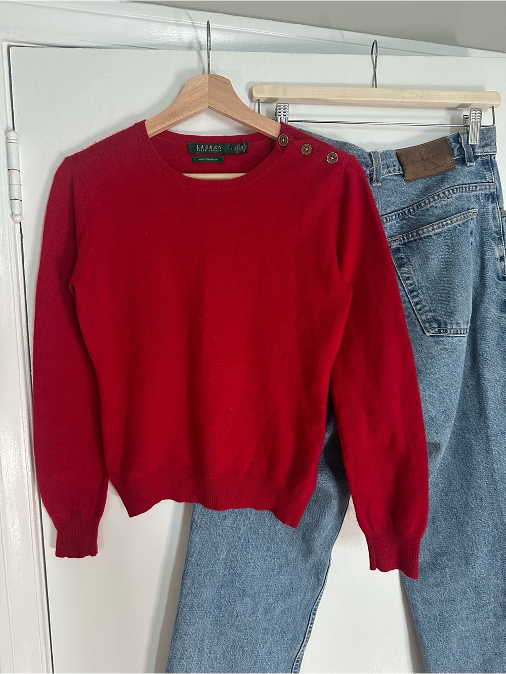 Vintage Lauren Ralph Lauren Red Button-Shoulder Crewneck Sweater - Picture 2 of 3